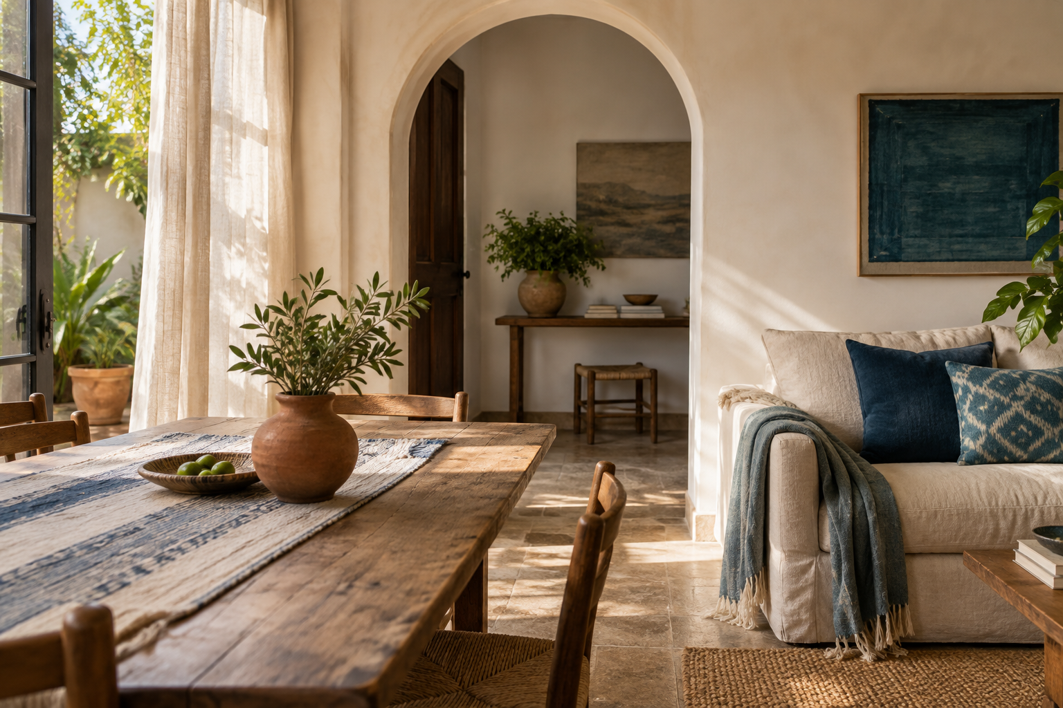 Sunlight fills a welcoming room with a linen sofa, warm wood, and a terracotta vase